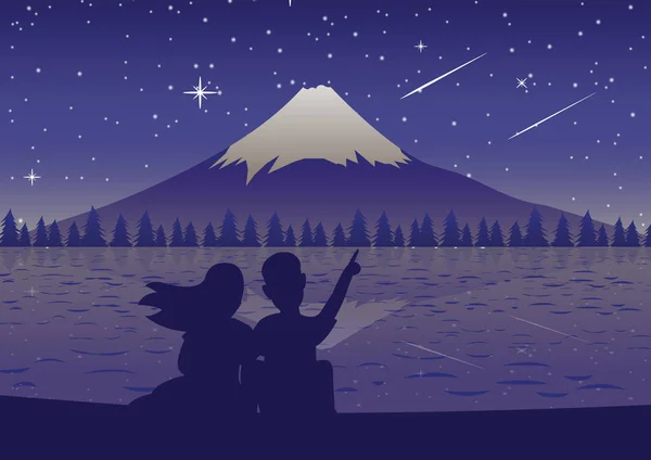 Couple stand near Fuji Mount and look to star and meteor and nig — Stock Vector