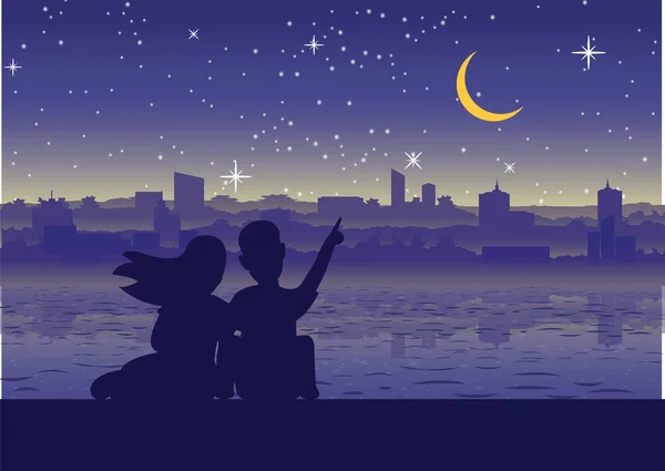 Paar zeigt auf den Mond in der Stadt am Flussufer, Silhouettenstil — Stockvektor