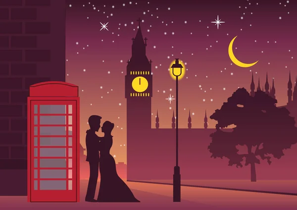 Abraço de casal perto da caixa de telefone no marco Big Ben de Londres — Vetor de Stock