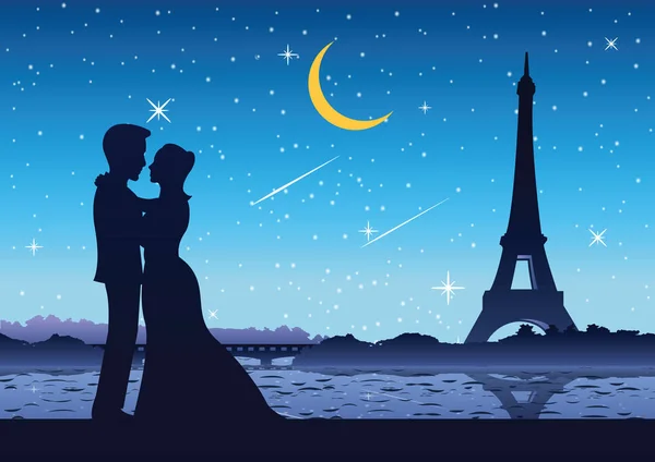 夫妇站立附近河在法国的 Eifel 塔, 剪影样式 — 图库矢量图片