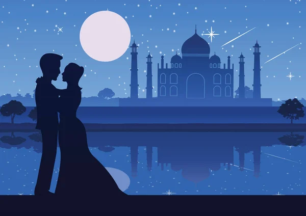 Paar staan in de buurt van de rivier bij de Taj Mahal landmark van India, silhouett — Stockvector