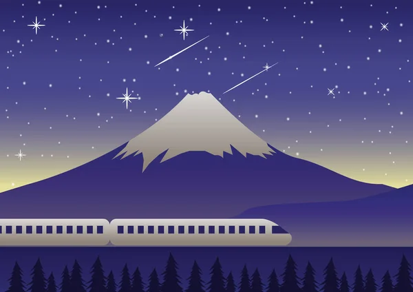 Tren correr más allá del Monte Fuji en la escena nocturna famoso hito de Japa — Vector de stock