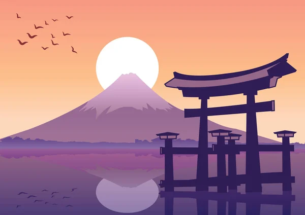 Grote drijvende poort en Fuji mount mijlpaal van Japan op zonsondergang t — Stockvector