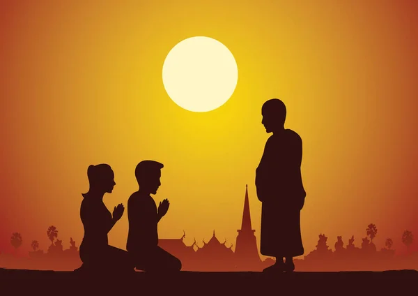 Buddyjski kobieta i mężczyzna zapłaty w odniesieniu do mnicha grzecznie z wiary — Wektor stockowy