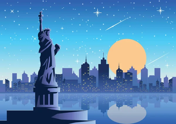 Statua della Libertà famoso punto di riferimento d'America di notte luna piena sta — Vettoriale Stock