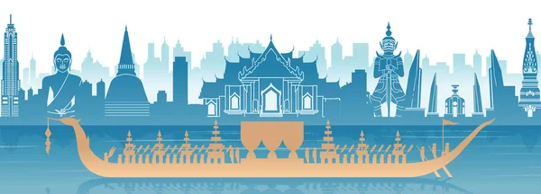 Thaïlande célèbre monument dans la conception de paysages et de la silhouette royale bateau thaïlandais design en bleu et orange couleur jaune — Image vectorielle