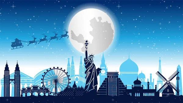 Santa Claus Rendieren Zijn Boven Wereldbezienswaardigheden Vector Illustratie — Stockvector