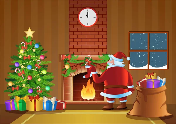 Papá Noel Enviar Regalo Sala Chimenea Noche Navidad Vector Ilustración — Vector de stock