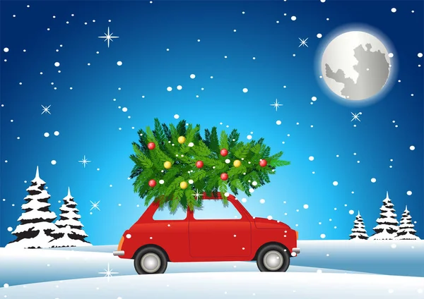 Coche Rojo Llevar Árbol Navidad Para Decorar Las Grandes Vacaciones — Vector de stock