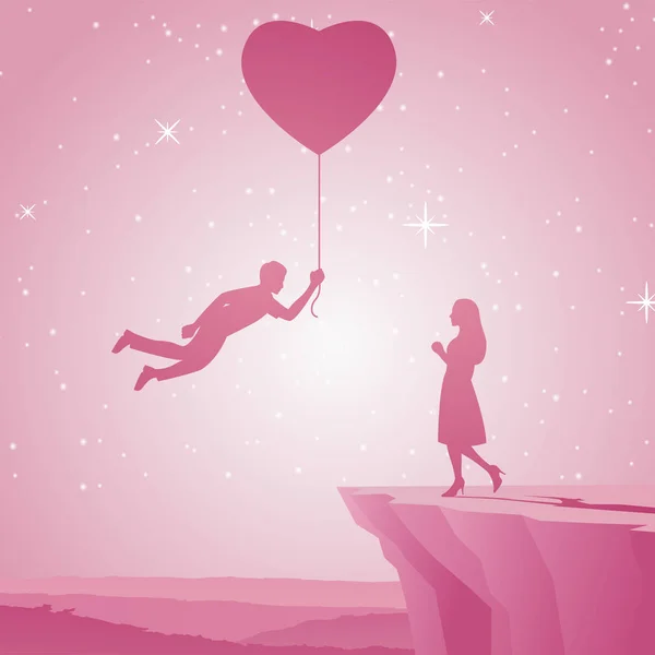 Homem Voar Segurando Balão Coração Para Mulher Arte Conceitual Significa —  Vetores de Stock