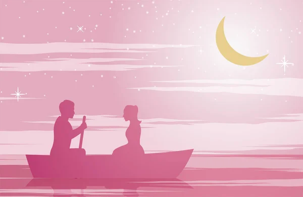 Couple Assis Sur Bateau Ton Couleur Rose Avec Design Silhouette — Image vectorielle