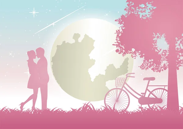 Abraço Casal Juntos Beijo Perto Bicicleta Árvore Grande Arte Conceitual —  Vetores de Stock