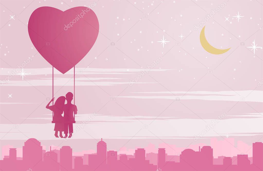 Couple sit on swing that float by heart shape balloon above the city,concept art mean love make people happy like fly in sky,vector illustration