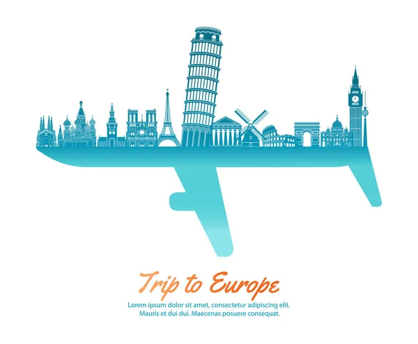 Europe Landmarks Part Another Side Look Plane Symbol Concept Art — Stock Vector