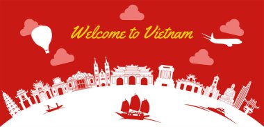 Vietnam siluet tarzının ünlü simgeleri. Siyah beyaz klasik renk tasarımı, vektör çizimi.