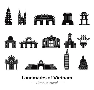Vietnam siluet tarzının ünlü simgeleri. Siyah beyaz klasik renk tasarımı, vektör çizimi.