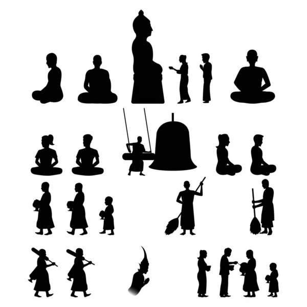 Ensemble Activités Bouddha Moine Bouddhisme Avec Silhouette Noire Illustration Vectorielle — Image vectorielle