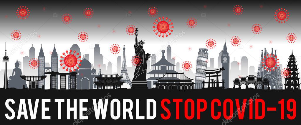 concept art with coronavirus fly over landmarks of the world,vector illustration