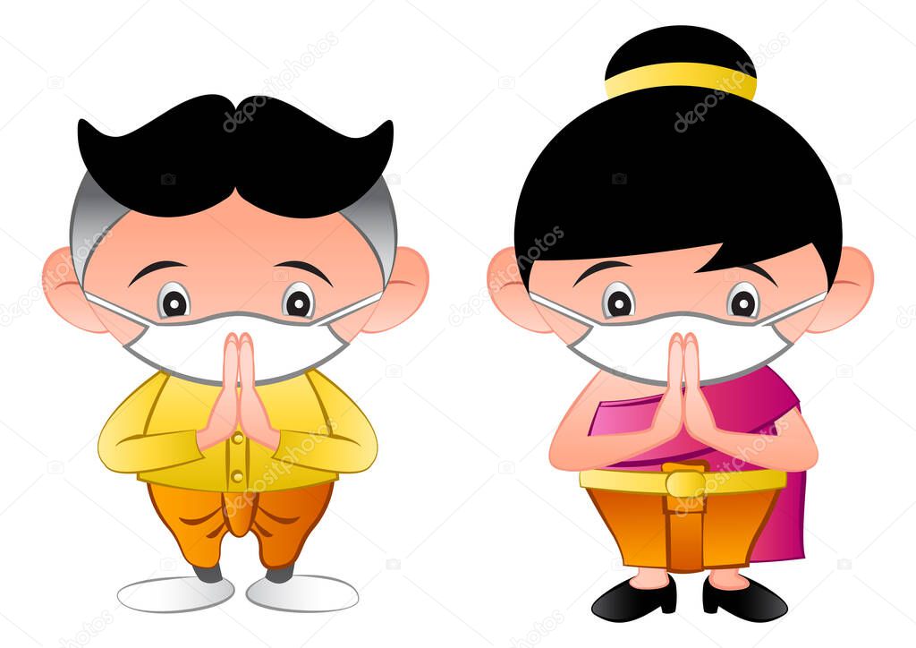 thai children wearing mask to protect virus and dust in cartoon version,vector illustration