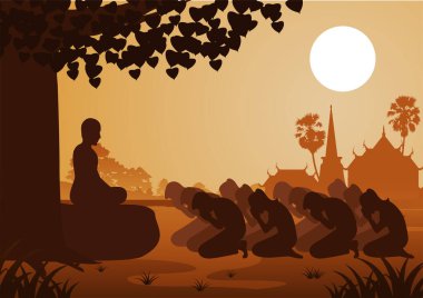 Buddhist women and men pay respect to monk politely with faith and believe clipart