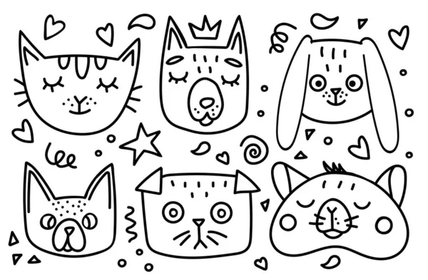 Голови Домашніх Тварин Котів Собак Каракулі Ілюстрації Намальовано Вручну Малюнок — стоковий вектор