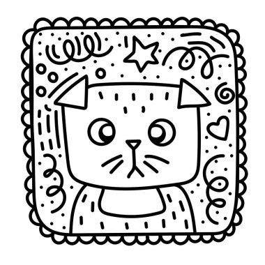 black and white doodle illustration of a cute scotish fold cat in a frame
