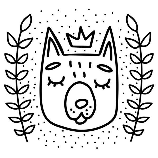 Ilustração Doodle Preto Branco Cão Bonito Com Uma Coroa Quadro — Vetor de Stock