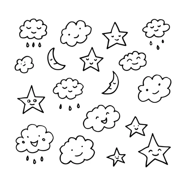 Eine Reihe Niedlicher Kinder Doodle Wolken Sterne Und Monate Die — Stockvektor