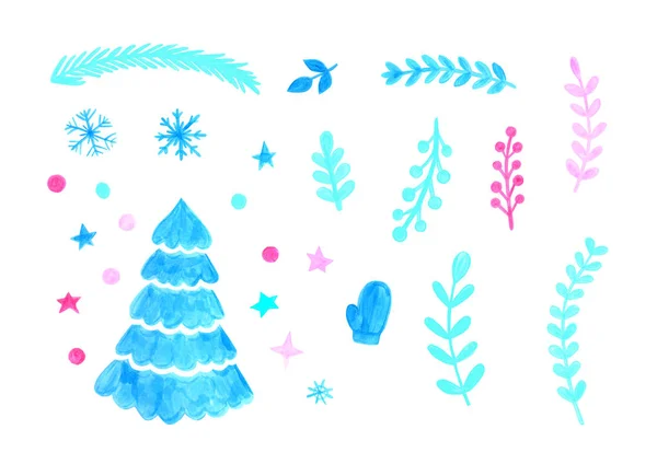 Christmas Winter Set Pink Blue Branches Moldings Sweets Balls Stars — Stock Photo, Image