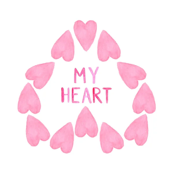 Pink Watercolor Hearts White Background Laid Out Shape Heart Inscription — 스톡 사진