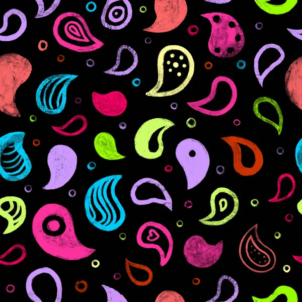 Abstract seamless background with a paisley ornament on a black background with neon colors