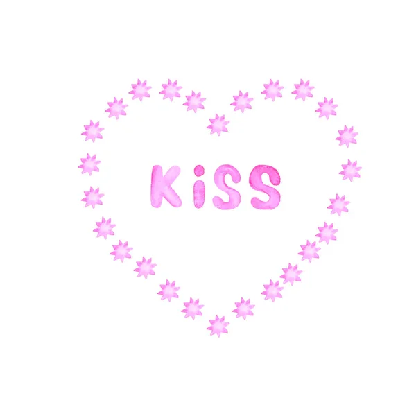 Kartka Różowymi Gwiazdami Kształcie Serca Napis Kiss Białym Tle Ilustracja — Zdjęcie stockowe