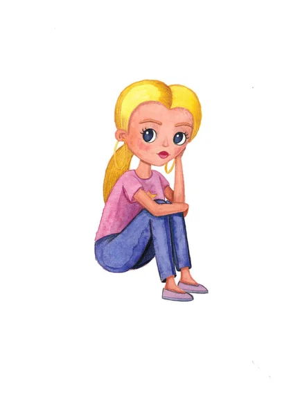 Υδατογραφία Χαριτωμένο Χαρακτήρα Κορίτσι Έφηβος Ξανθιά Ουρά Σκουλαρίκια Στα Αυτιά — Φωτογραφία Αρχείου
