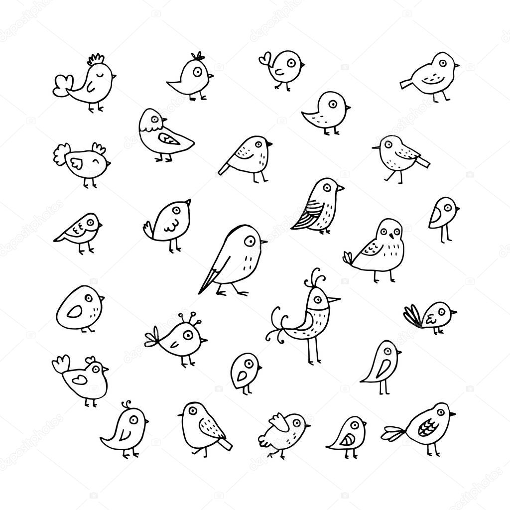 Set cute linear spring doodle birds