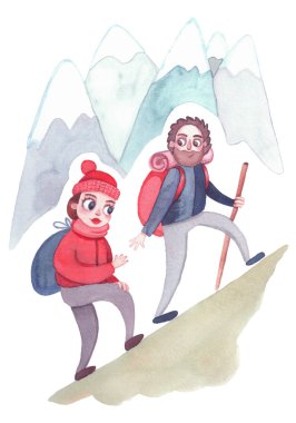 Sevgili karı koca turistler dağlara tırmanıyor. Suluboya çizimi