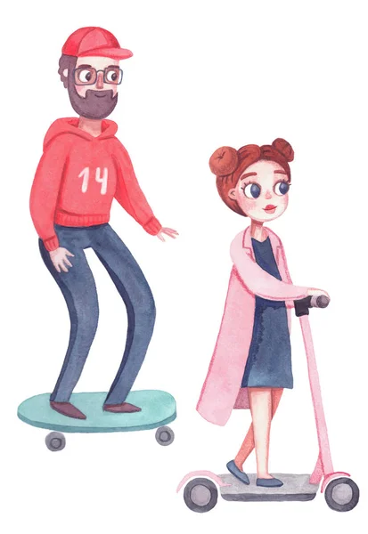 Couple Mignon Mari Femme Monter Une Planche Roulettes Scooter Illustration — Photo