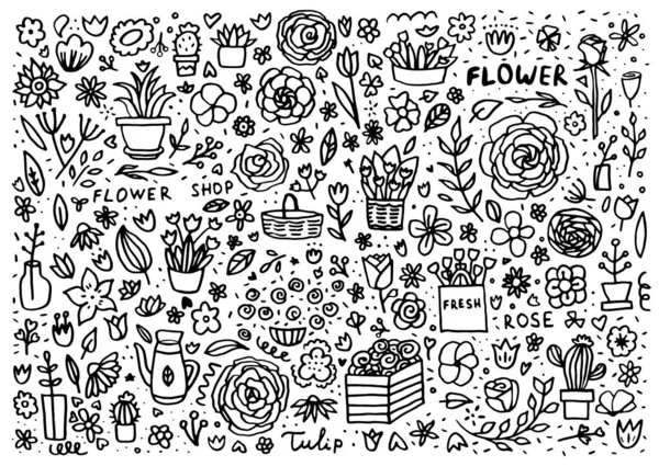 Doodle Virágüzletről Virágkosarak Dobozok Rügyek Levelek Csokrok Cserepes Virágok Kaktuszok — Stock Vector