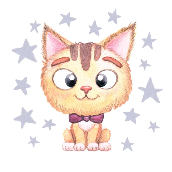 Akvarel Roztomilé Izolované Kočka Hvězdami Ilustrace Charakter Karikatury Pro Kočky — Stock fotografie