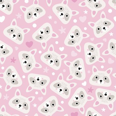 Cute seamless pattern with raccoons on a pink background. Print for babies products 