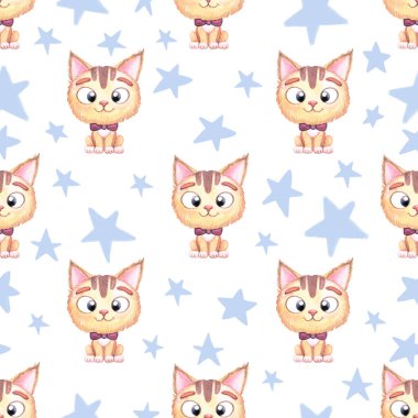 Kedi, yay ve mavi yıldızlı çocuklar için kusursuz suluboya desenler..