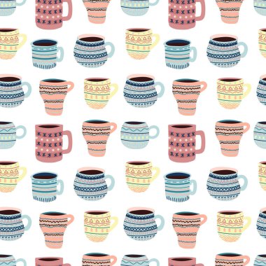 Kahve ve çay için desenli şirin vektör kupaları olan kusursuz desenler..