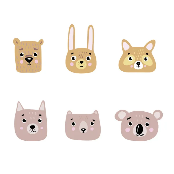 Set Cabezas Lindos Animales Vectoriales Planos Delicados Colores Escandinavos Oso — Vector de stock