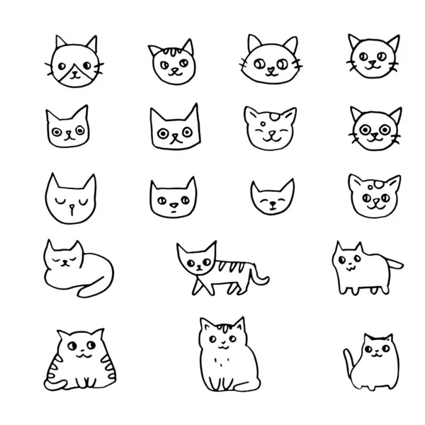 Conjunto Blanco Negro Con Lindos Gatos Garabatos Cabezas Gatos Gatos — Archivo Imágenes Vectoriales