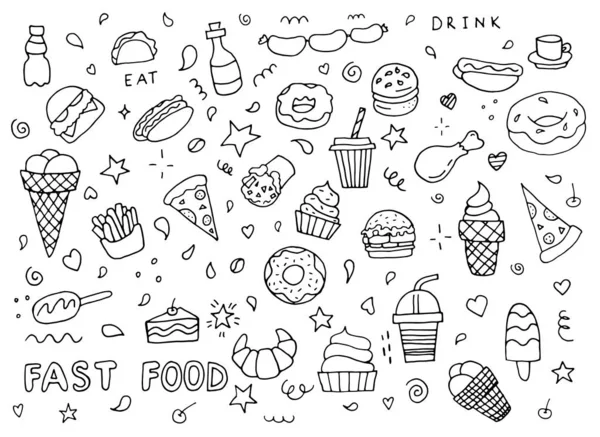 Set Bianco Nero Doodle Fast Food Contesto Bevande Alimentari Fast — Vettoriale Stock