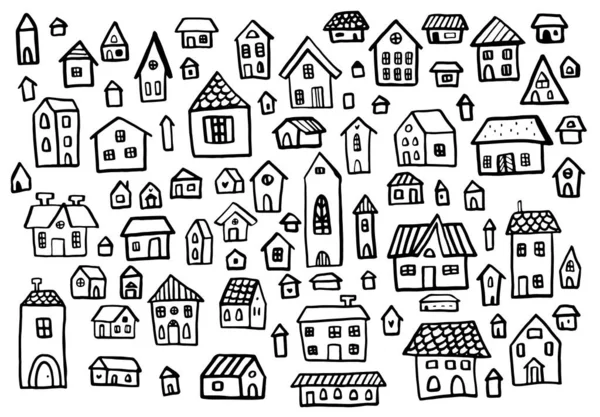 Black White Doodle Set Cute Houses Linear Graphics — Stock Vector