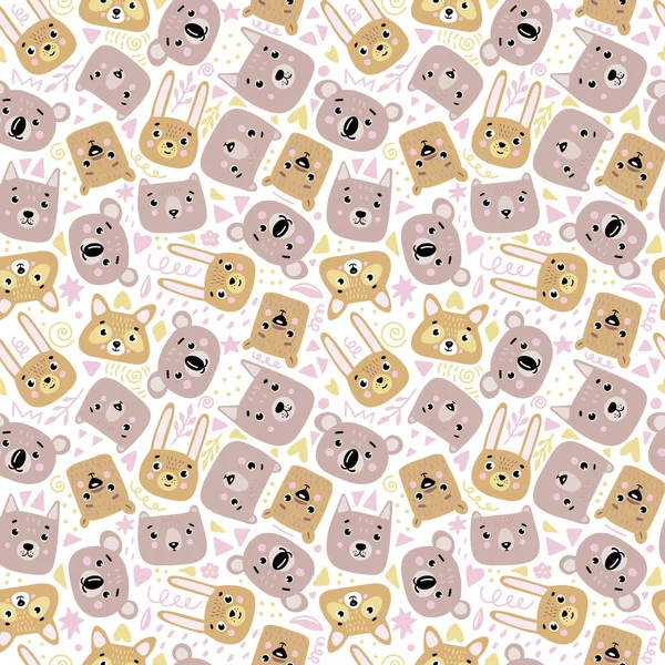 Funny Kids Seamless Pattern Animal Faces Cute Childish Print Vector — Stock Vector