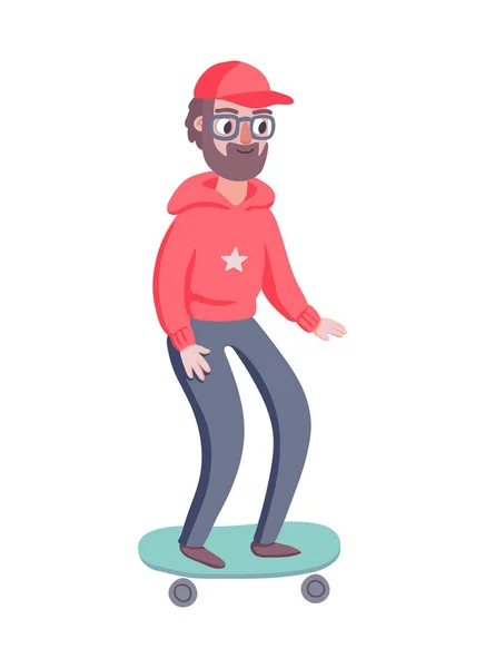 Cool Vecteur Hipster Homme Caractère Avec Barbe Planche Roulettes Adulte — Image vectorielle