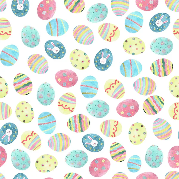 Veselé Velikonoce Akvarel Bezešvný Vzor Ručně Kreslených Barevných Velikonočních Vajíček — Stock fotografie