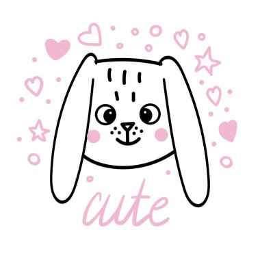 Tatlı Paskalya tavşanı çizimi, tavşanın el çizimi yüzü. Beyaz arka planda pembe kalpler ve yıldızlarla izole edilmiş..