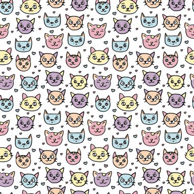 El çizimi, şirin kedi kafaları, iz tasarımı kedisi, çocuk baskısı tişört ve çocuk ürünleri. 